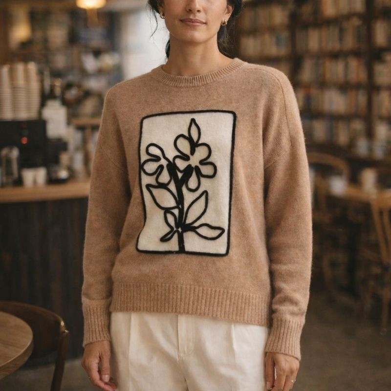 White + Warren Cashmere Floral Appliqu Crewneck Sweater Camel Tan | Size Large